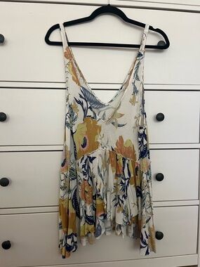 Floral V-Neck Tank Top - White, Yellow & Navy